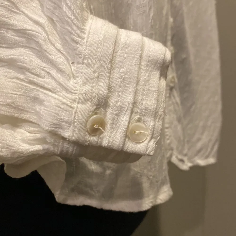 Free People Medium Tunic Top White Stretch Embroidered Sparkles Pleated